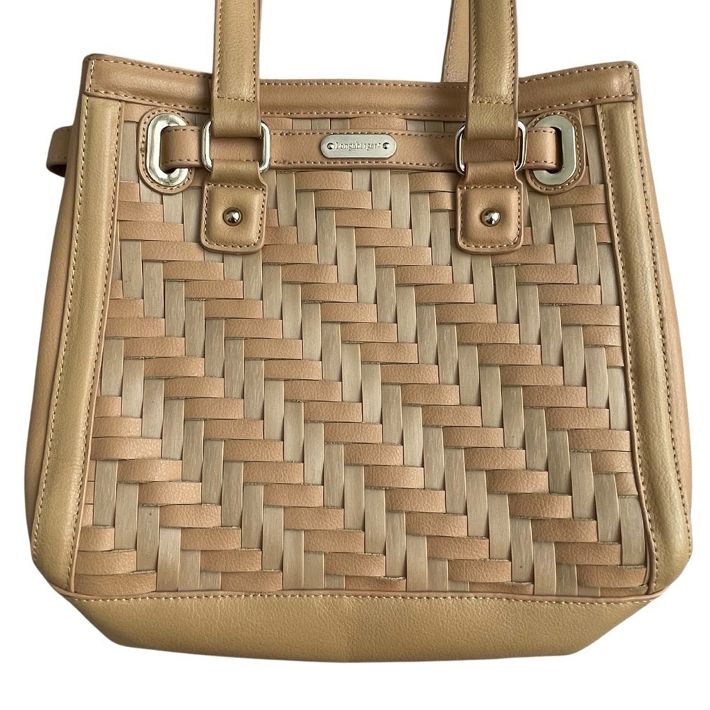 Longaberger Basket Woven Leather Shoulder Bag Stairstep Weave Caramel View 4